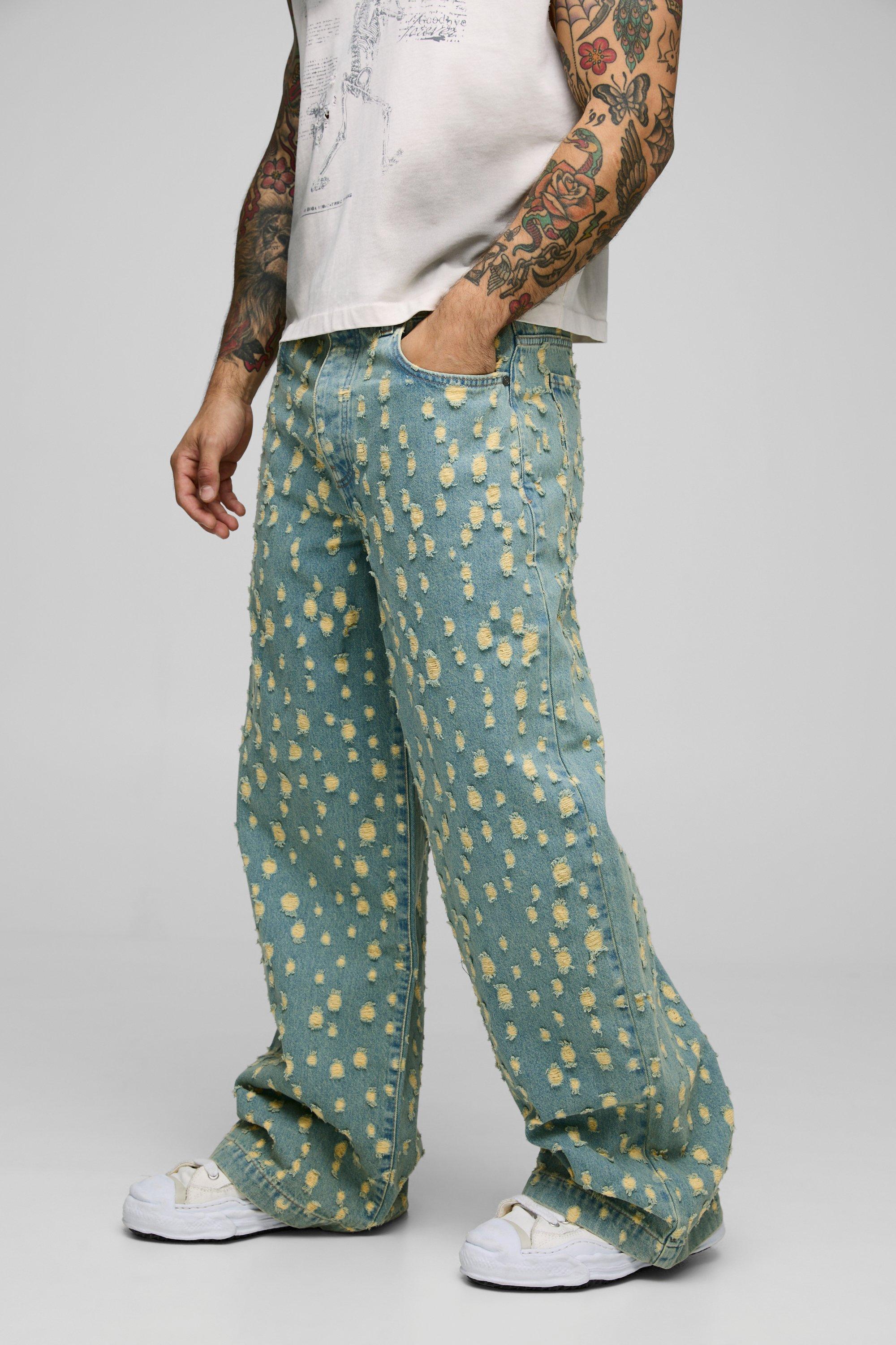 Mens All Over Ripped Blue Tinted Parachute Jeans, Blue